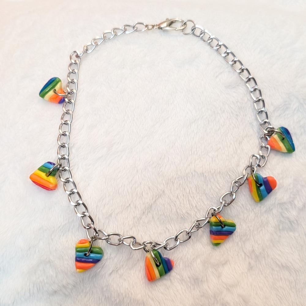 Handmade Clay Rainbow Hearts Necklace 16" choker Festival EDM